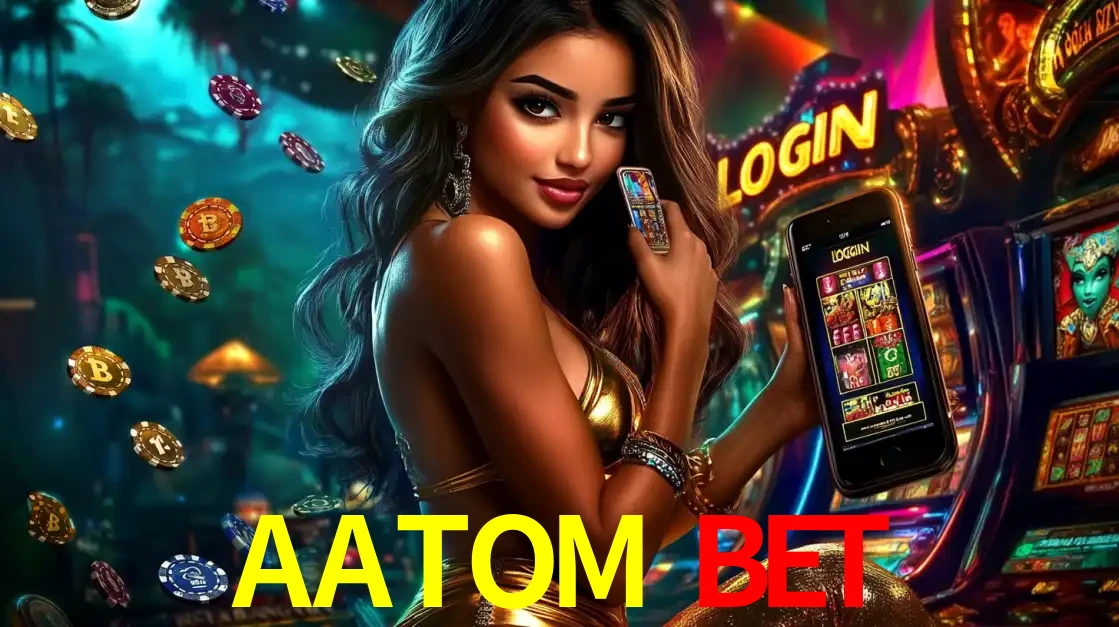 Mulher em um cenário de cassino temático de aventura, mostrando o app de caça-níqueis da AATOM BET no celular. Fichas de apostas flutuam ao redor.