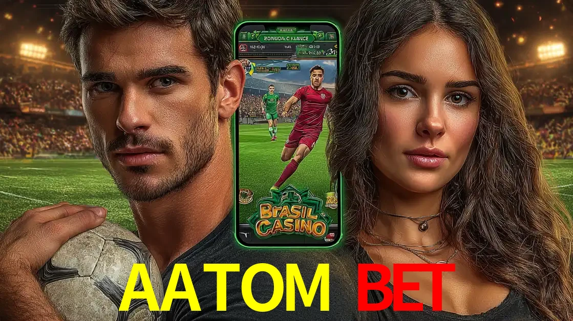 Homem segurando uma bola de futebol e uma mulher ao lado de um smartphone exibindo o jogo de apostas esportivas da AATOM BET. Faça seu palpite no cassino online.